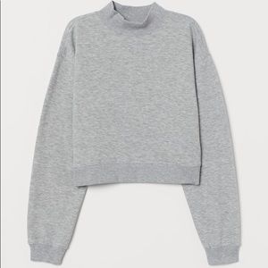 New H&M Light Gray Melange Short Crop Sweatshirt High Mock Turtle Neck